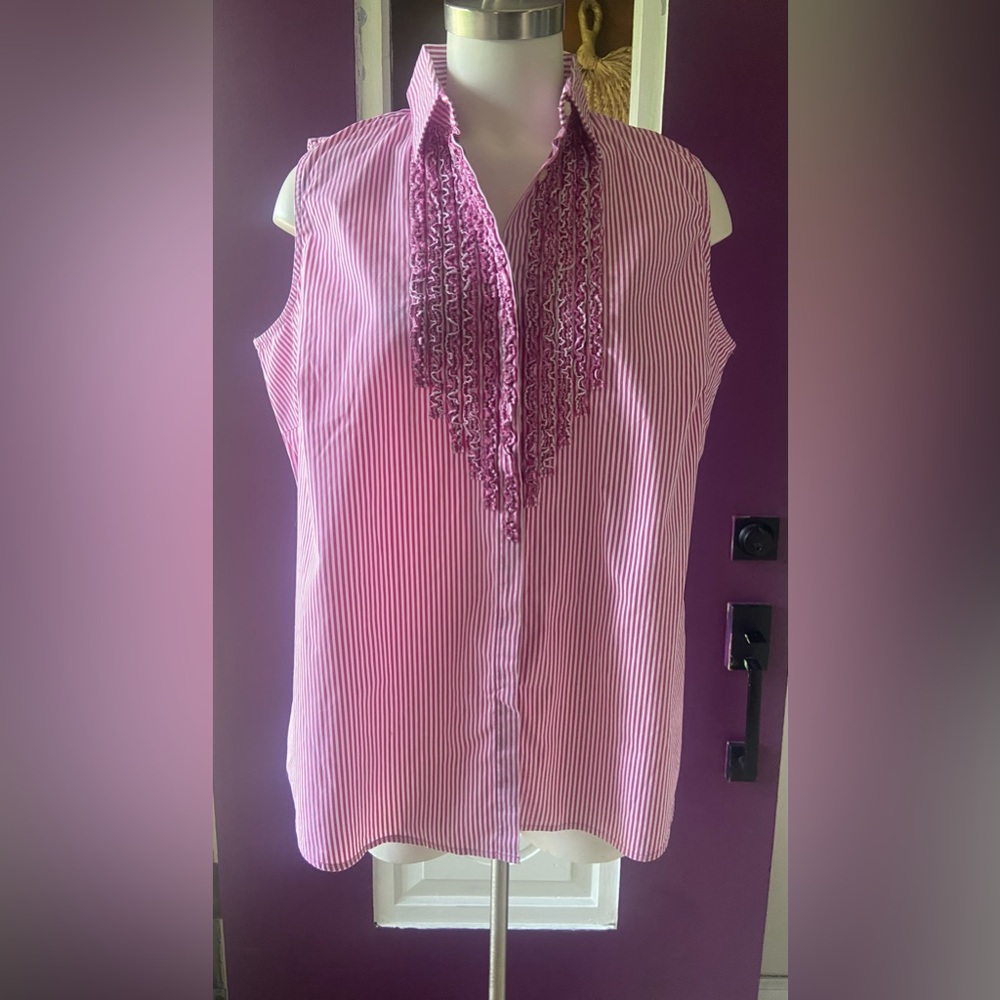 LAUREN RALPH LAUREN  Tuxedo Sleeveless Striped Pink White Button Up Size 16W